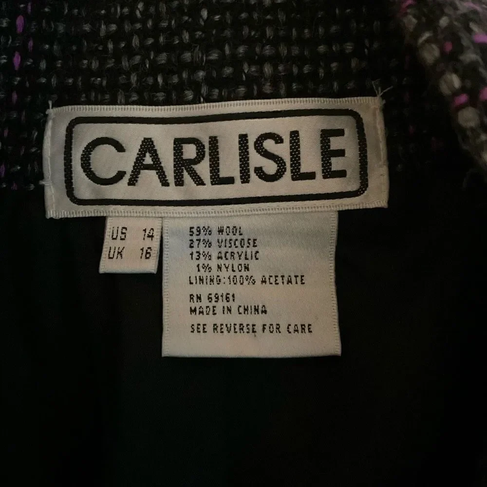 Carlisle Jacket Tweed Wool Blend Button Snap Front Black Pink Grey Weave Size 14